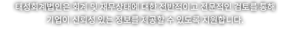 성회계법인은 회계 및 재무상태에 대한 전반적이고 전문적인 검토를 통해 기업이 신뢰성 있는 정보를 제공할 수 있도록 지원합니다.